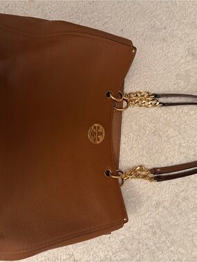 Tory Burch Cognac Pebbled Leather Tote with Gold Chain Straps